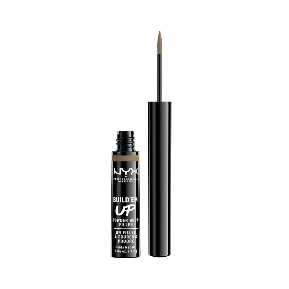 NYX Build 'Em Up Powder Brow Pencil with applicator on a white background